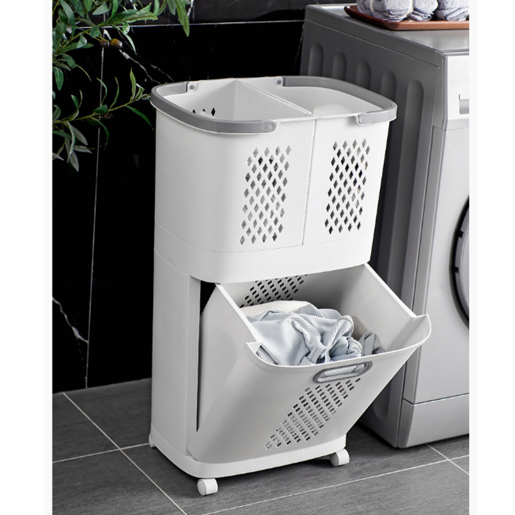 1pc, White Two-Layer, Bathroom Dirty Clothes Sorting And Storage Basket, Household Multi-Purpose Laundry Changing And Storage Basket, Upper Compartment Dirty Clothes Basket, Fruit, Vegetable, Snack And Toy Storage Basket, Large Capacity Space Saving, Non