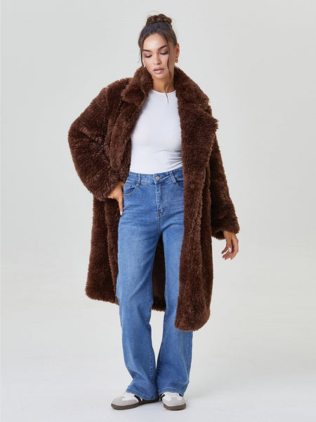 Women's Notch Lapel Plush Double-Breasted Casual Jacket, Leisure Winter Fuzzy Jacket