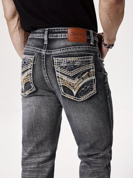 Men'S Elastic Washed Denim Jeans with Thick Line Embroidery on The Front And Back Pockets