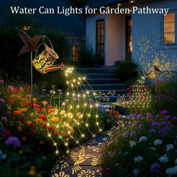 Solar Lights Garden Decorations, LED Watering Can Star Shower Art Light with Hummingbird Bracket, Solar String Lights Waterproof for Garden Patio Yard Pathway Outdoor（Warm White）
