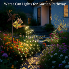 Solar Lights Garden Decorations, LED Watering Can Star Shower Art Light with Hummingbird Bracket, Solar String Lights Waterproof for Garden Patio Yard Pathway Outdoor（Warm White）
