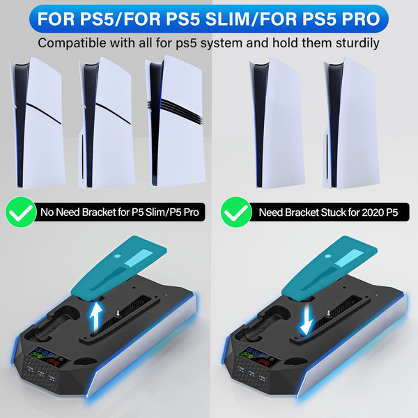 for PS5/Slim/ Pro Stand Disc & Digital Console, RGB Cooling & Charging Station with 3-Level Fan, Controller Charger for PS5 Controller, Accessories with 3 USB Ports/Cooling Fan/Headset Holder