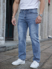 2025 Spring/Summer New Men's Light  Washed Faded Embroidered Slim-Fit Versatile Trendy Stretch Jeans