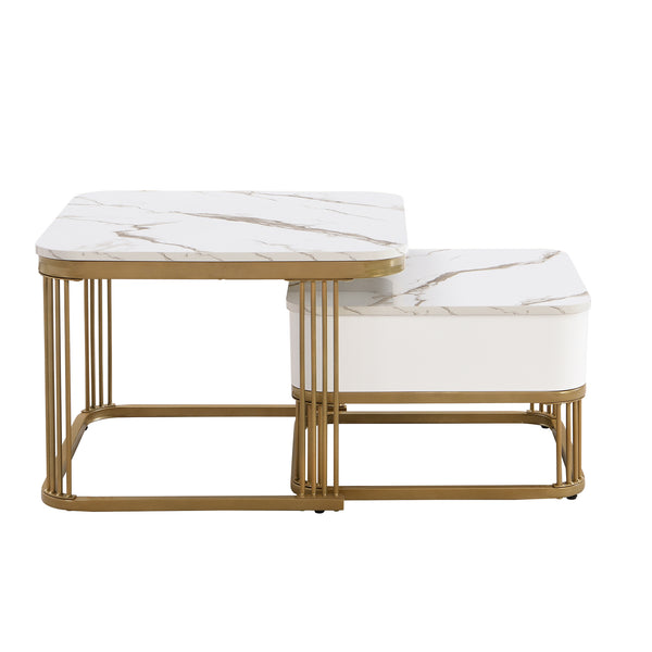Modern Pedestal Base Space Saving Coffee Table Set of Two, Engineered Wood and Artificial Board Construction, Hardwood, Black Finish, High Gloss Stone Table Top, Metal Golden Accents, with Drawer, Without Electricity, Battery Free.