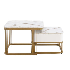 Modern Pedestal Base Space Saving Coffee Table Set of Two, Engineered Wood and Artificial Board Construction, Hardwood, Black Finish, High Gloss Stone Table Top, Metal Golden Accents, with Drawer, Without Electricity, Battery Free.