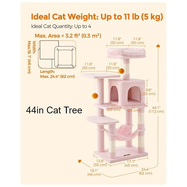 112 cm Cat Tree, Multi-Level Soft Plush Cat Tree, Cat Tower Condo with 4 Cat Scratching Posts, Hammock, Cave, Platform, Toys, Pink/White/Beige/Grey, Easy Assembly and Sturdy, Indoor Cat Furniture