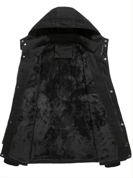 2025 New Winter Casual Multi-Pocket Workwear Hooded Men's Jacket with Lining, Mid-Length with Detachable Hood