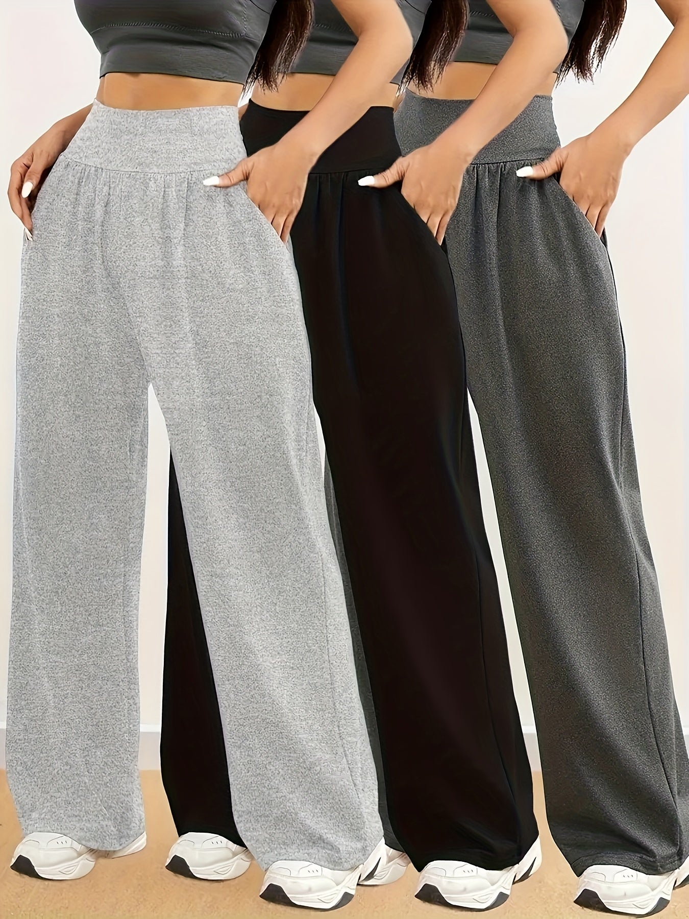 3pcs Women'S Pants - Wide Leg Leggings with Side Pockets, Non-Slip Grip, Machine Washable Pants for, Lounge - All-Season Pants in Grey/Black/ - Ideal for Home & Outdoor Use, Leggings, Apparel, Casual Style, Durable Fabric, Tights, Design, Breathable Mater