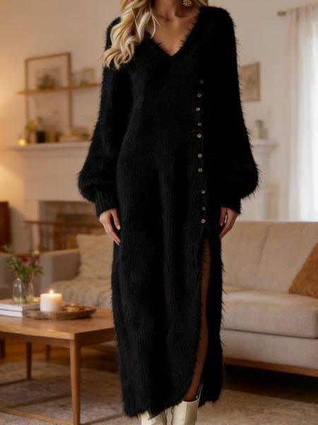 2026 Autumn and Winter V-neck Loose Lazy Style Button Decoration Slit Dress Temperament