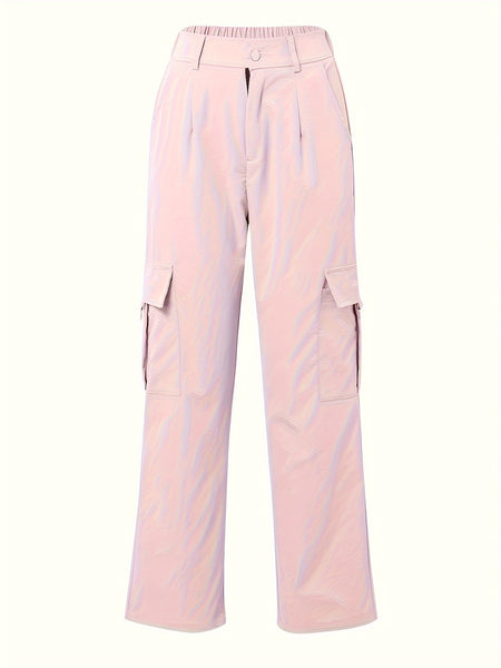 Flap Pocket Solid Color Cargo Pants, Y2K Slant Pocket Button Front Every Day Pants, Women's Clothing