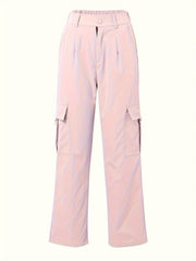 Flap Pocket Solid Color Cargo Pants, Y2K Slant Pocket Button Front Every Day Pants, Women's Clothing