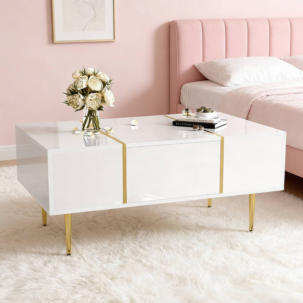 Modern Simple White High-gloss Coffee Table - 2 Drawers Storage Design For Small Space And Home Decor