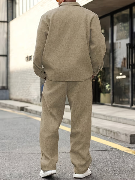 Men'S Fall Workwear Buttoned Casual Cardigan for Daily Wear, Sports Collar Outerwear, Top Matched with Casual Trousers, Two-Piece Set