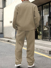 Men'S Fall Workwear Buttoned Casual Cardigan for Daily Wear, Sports Collar Outerwear, Top Matched with Casual Trousers, Two-Piece Set