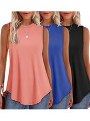 Women'S 3pcs Casual Sleeveless Tank Tops - Loose Fit, Round Neck, Solid Color, All-Season Comfort, Polyester Blend, Machine Washable, Ladies Tank Tops