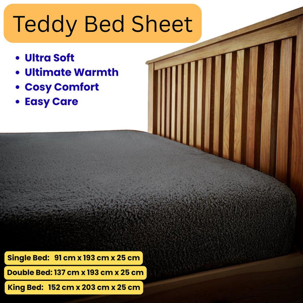 Luxury Teddy Brushed Fleece Fitted Sheet Charcoal | Easy Care Bed Linen with Elastic Corners 25cm Deep Pocket | Plain Dyed Super Soft and Snuggly Winter Bedding | Fluffy, Comfortable and Warm Thermal Bed Sheet | Cosy and Luxury Fit for Cold Nights | Machi