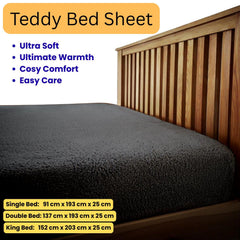Luxury Teddy Brushed Fleece Fitted Sheet Charcoal | Easy Care Bed Linen with Elastic Corners 25cm Deep Pocket | Plain Dyed Super Soft and Snuggly Winter Bedding | Fluffy, Comfortable and Warm Thermal Bed Sheet | Cosy and Luxury Fit for Cold Nights | Machi