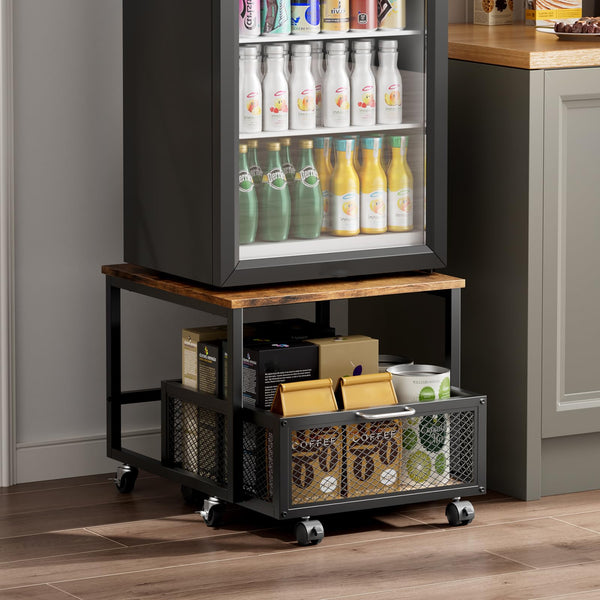 1pc Mini Fridge Stand with Storage, 50x50x42.3cm Mobile Refrigerator Stand with Lockable Wheels & Basket, Portable Cart for Kitchen Office - Perfect Home Upgrade