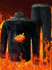 Men's Autumn and Winter Plush and Thick Fleece Suit Jacket, Long Pants, Warm Outdoor Wear Resistant Hiking, Multi Pocket Plush Suit Jacket Set, Detachable Hat Zipper Outdoor Jacket Set, Workwear Camouflage