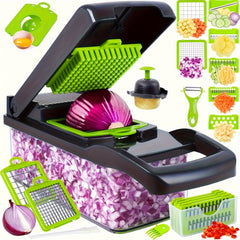 16-In-1 Multifunctional Kitchen Vegetable Slicer with a Container, Suitable for Onions, Carrots, Garlic, And Includes a Non-Rechargeable Plastic Tool Set with a Drainage Basket