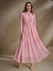 Women's Elegant Chiffon Print Loose Long-sleeved Swing Dress, No Elastic, Daily And Commuting, Vacation, Suitable for All Seasons, Double-layer, Waist Rope, Flower Small V-neck Fashion Design, Loose Spring, Summer And Autumn Long, Polyester 100%