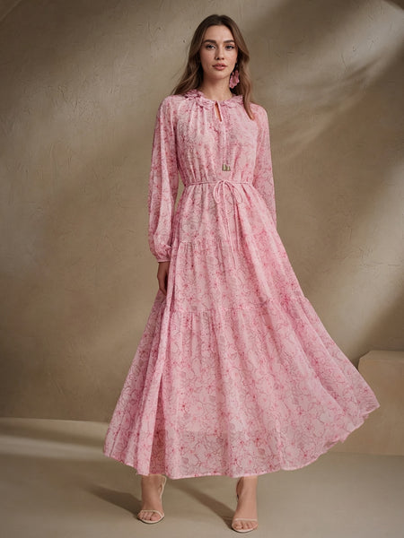 Women's Elegant Chiffon Print Loose Long-sleeved Swing Dress, No Elastic, Daily And Commuting, Vacation, Suitable for All Seasons, Double-layer, Waist Rope, Flower Small V-neck Fashion Design, Loose Spring, Summer And Autumn Long, Polyester 100%