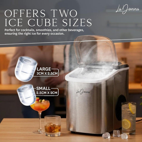 Stainless Steel/Black Ice Maker Machine - Fast Ice, Dual Size Self Cleaning Portable Ice Maker