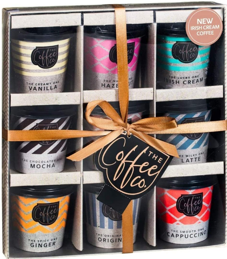 Coffee Gifts - Instant Coffee Hamper | 9X Flavours Mini Travel Takeout Cups | Irish Cream, Salted Caramel, Latte, Mocha and More- Christmas Gifts for Men Women | Drink Gift for Coffee Lover Gift Tag