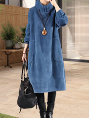 Women'S Elegant Corduroy Dress - Long Sleeve Turtleneck Loose Fit Winter Warm Dress with Pockets, Solid Color (Navy/) - Cozy Fall/Winter