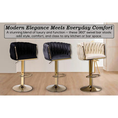 Set of 2 x Velvet Woven Upholstered Adjustable High Swivel Breakfast Bar Pub Home Stool Chair With Gold Metal base & Gas Lift (Cream/Gold)