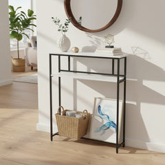 Sofa Side Table for Narrow Spaces, 2-Tier White Marble & Black Steel Shelf, 80cm Slim Console for Behind Couch, Organizer for Remote, Books, Living Room, 80*20*100cm