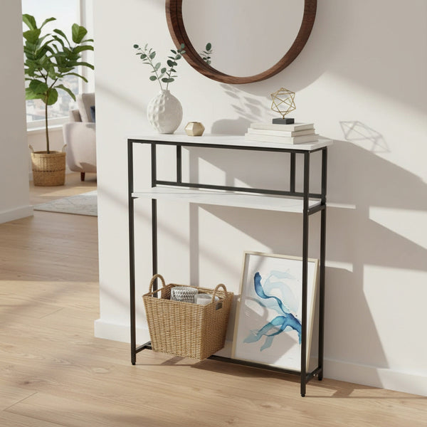 Sofa Side Table for Narrow Spaces, 2-Tier White Marble & Black Steel Shelf, 80cm Slim Console for Behind Couch, Organizer for Remote, Books, Living Room, 80*20*100cm