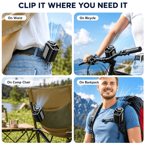 Portable Wearable Belt Fan with AI Oscillation & Flashlight - Clip-On Hands-Free Cooling System Suitable for Camping, Hiking, Night Shift, /Outdoor Use, - Fan for and Night Patrols