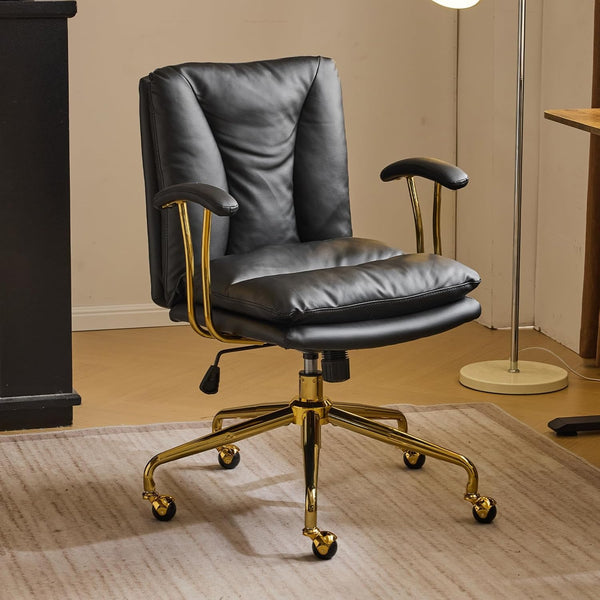 Office Chair Desk Chair with Wheels & Removable Armrests Gold Base Vanity Chair with Back Adjustable Rolling Swivel Computer Task Chair PU Leather