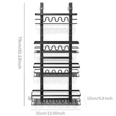 Over Door Pantry Organiser – 4 Tier Adjustable Storage Rack with Removable Baskets – Heavy Duty Metal Hanging Door or Wall Mount Spice Rack for Kitchen, Bathroom & Utility Room – Space Saving