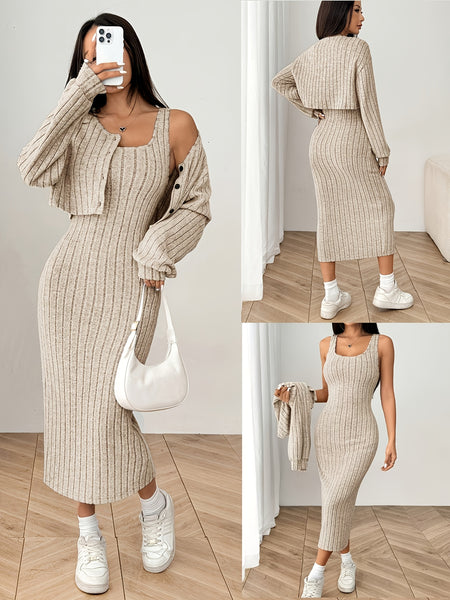 Autumn Cardigan Long Sleeve Short Top + Dress Set