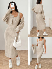Autumn Cardigan Long Sleeve Short Top + Dress Set