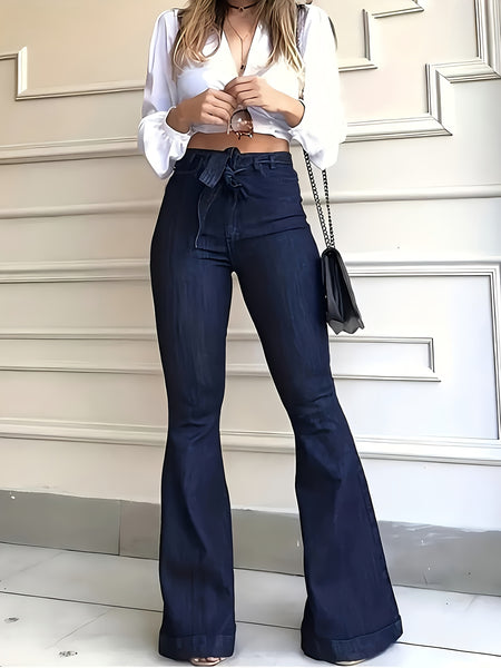 Ladies' Elegant Style Features High-Waisted Elastic Casual Pants, Complete with a Belt And Original Color Flared Trousers