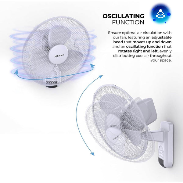 Schallen White 16 Inch Wall Mounted Fan 40cm Oscillating Cooling Fan with Remote Control, 3 Speed Settings, Timer Function, Adjustable Tilt Air Circulator Wall Fan for Bedroom, Kitchen, Office, Garage, Home Cooling Fan UK Plug