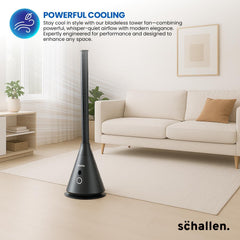 Schallen Modern Sleek Oscillating Bladeless Fan with 8 Hour Timer, 9 Air Speed Settings, Digital Display and Remote Control | Black & Grey | Free Standing Floor Fan