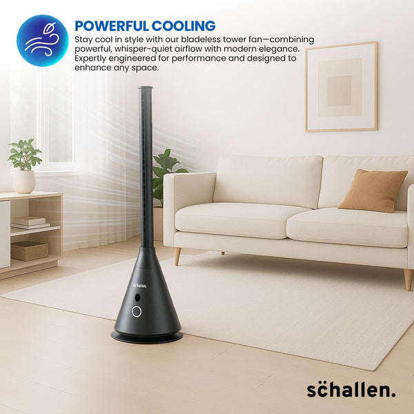 Schallen Bladeless Tower Fan with 9 Speed Settings, 8 Hour Timer, Oscillating Cooling Fan with Digital Display and Remote Control, Quiet DC Motor Free Standing Floor Fan for Home Office Bedroom, Modern Black and Grey Slim Tower Fan with Safe Bladeless Tec