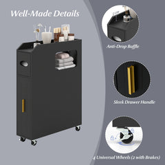 GYMAX 16 CM Slim Bathroom Cabinet, Rolling Beside Toilet Storage Cart with Toilet Paper & Brush Holder, Slide-out Drawer, 2 Lockable Wheels, Space-saving Organizer for Laundry Room, Living Room, Black
