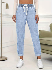Ladies' 2026 New Stretch Elastic Drawstring Slim Cropped Jeans, Acid Wash Blue Cuff Straight Denim Trousers, Elegant Women's Clothing, Tapered Pantalones for All Seasons, Mom Pants with Pockets, High Waisted Tummy Control Travel Casual Pants
