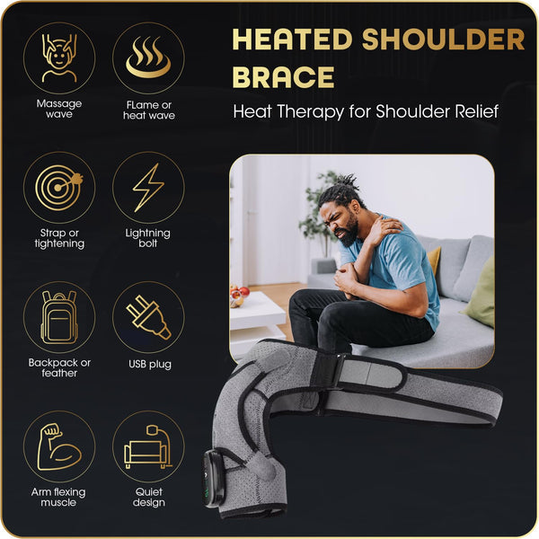 Heated Shoulder Brace for Men & Women - Adjustable Shoulder Support Wrap with Heat Pad & Vibration Electric Massagers - Suitable for Left or Right