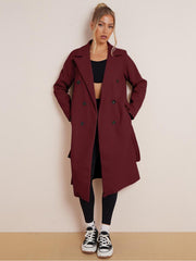Women's Classy Solid Color Double Breasted Detachable Belted Pocket Pea Coat, Lapel Neck Long Sleeve Outerwear for Fall & Winter