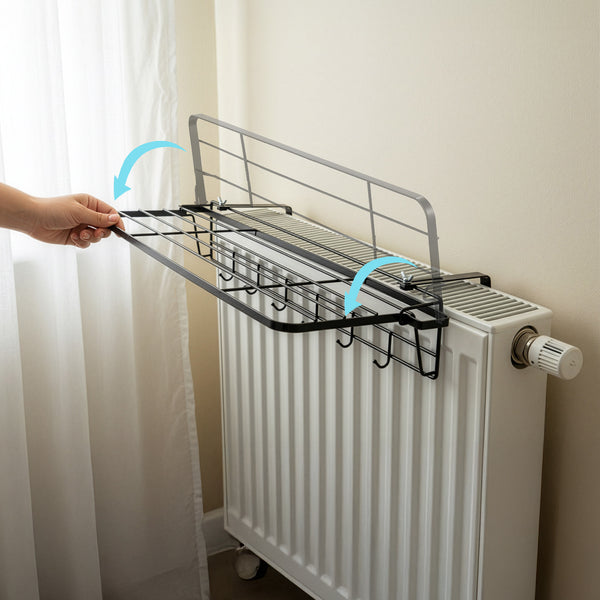 [Pull-Out Shelf Rack] Wall-Mounted Radiator Clothes Drying Rack with Heavy-Duty & Hanging Rods - Space-Saving Suitable for Clothes, Socks, Shoes, Winter Garments - Easy Installation, Pull-Out Shelves (Black/White) - Ideal for Apartments, Small Homes, Stan