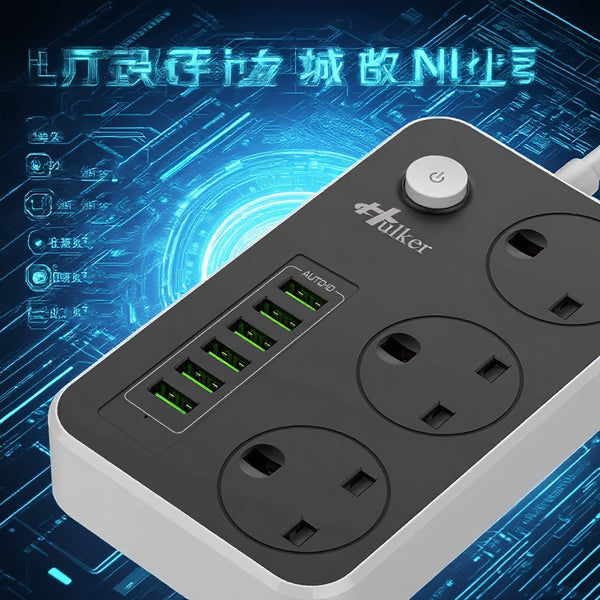 Hulker Power Strips with USB Ports 3 Way Outlets 6 USB Ports Power Socket with 2m Bold Extension Cord Smart USB Charger UK Socket/  Socket