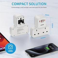 Plug Extension Socket with 4 USB (Included 2 USB-C), FDTEK 13A 3250W Double Plug Adaptor with Surge Protected, Compact UK Plug Extender Multi Plug Socket for Home, Office, School Supplies