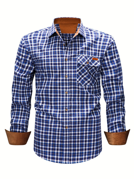 New  Brushed Plaid Flannel Men's Long Sleeve Shirt, Two-Tone Design, Thickened Autumn Casual Shirt for Men's Daily Vacation Streetwear, Comfortable Fit
