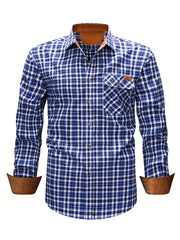 New  Brushed Plaid Flannel Men's Long Sleeve Shirt, Two-Tone Design, Thickened Autumn Casual Shirt for Men's Daily Vacation Streetwear, Comfortable Fit